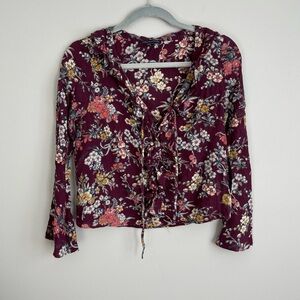 American Eagle Floral Lace Up Long Sleeve Blouse
